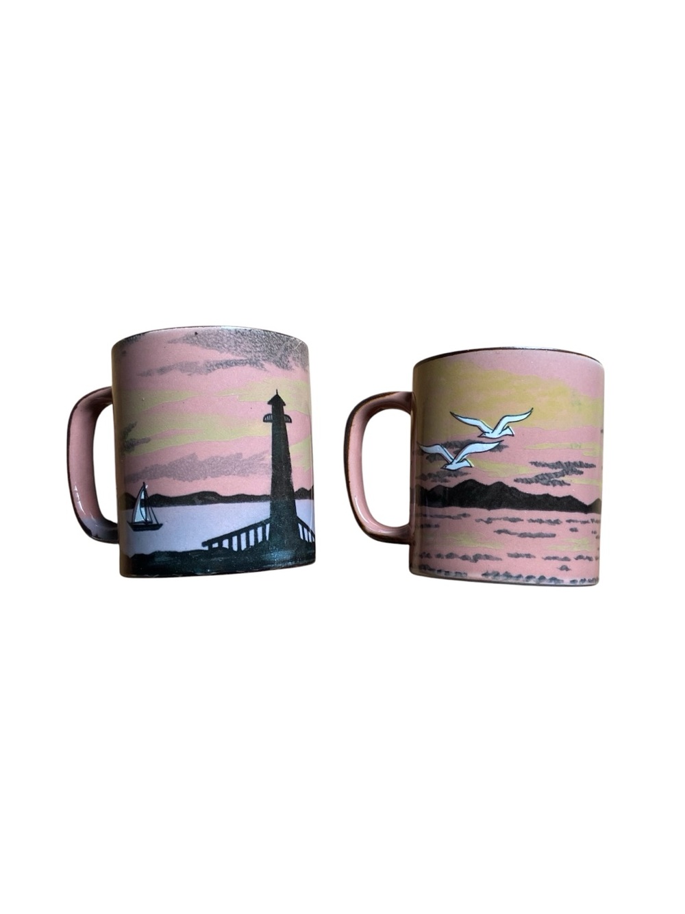 Set (2) Vintage Japanese Handmade Ceramic Mugs Sunset Sea Lighthouse
